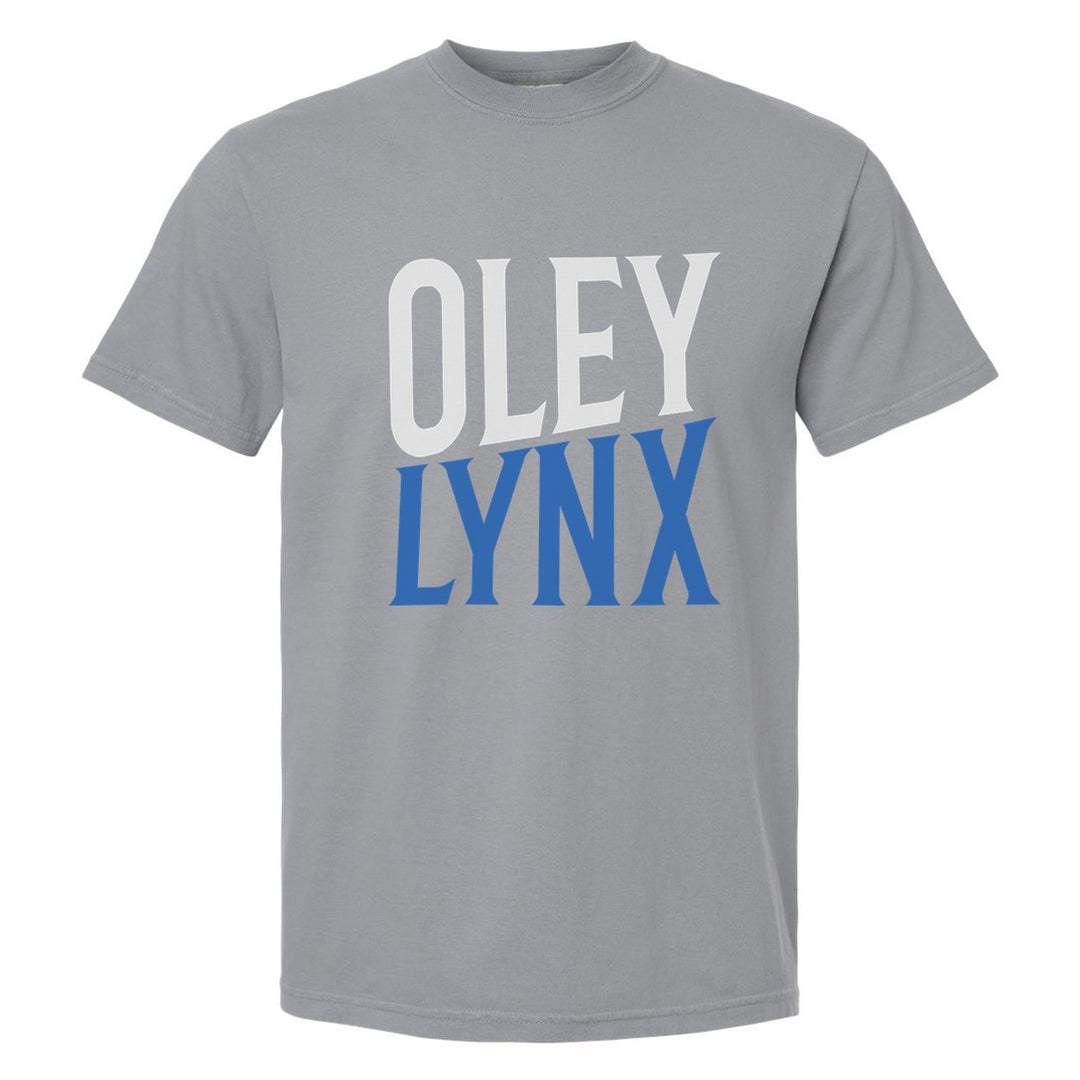 Oley Valley Lynx Block Stack comfort colors t-shirt in Granite: tall OLEY stacked over LYNX in condensed block letters