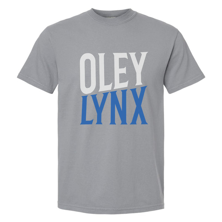 Oley Valley Lynx Block Stack comfort colors t-shirt in Granite: tall OLEY stacked over LYNX in condensed block letters
