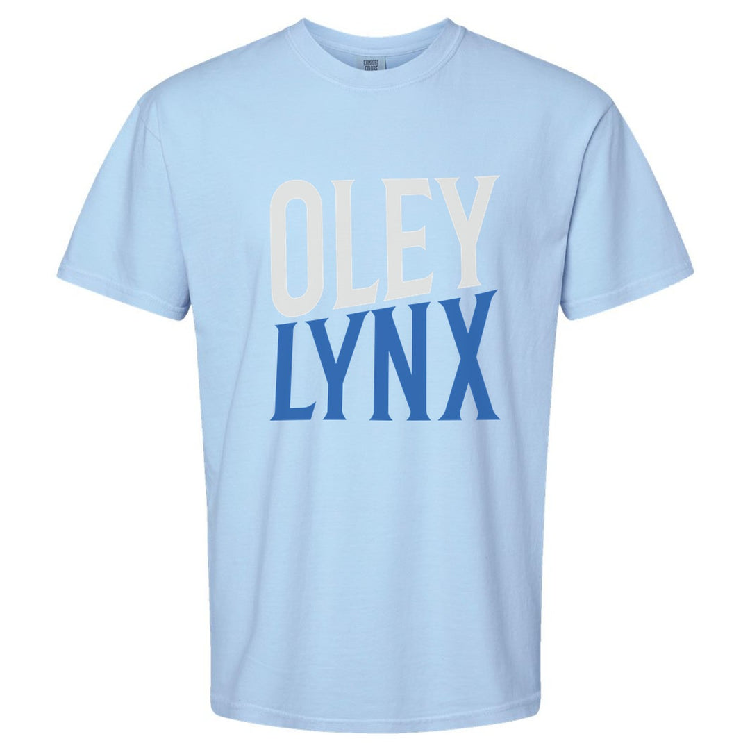 Oley Valley Lynx Block Stack comfort colors t-shirt in Hydrangea: tall OLEY stacked over LYNX in condensed block letters