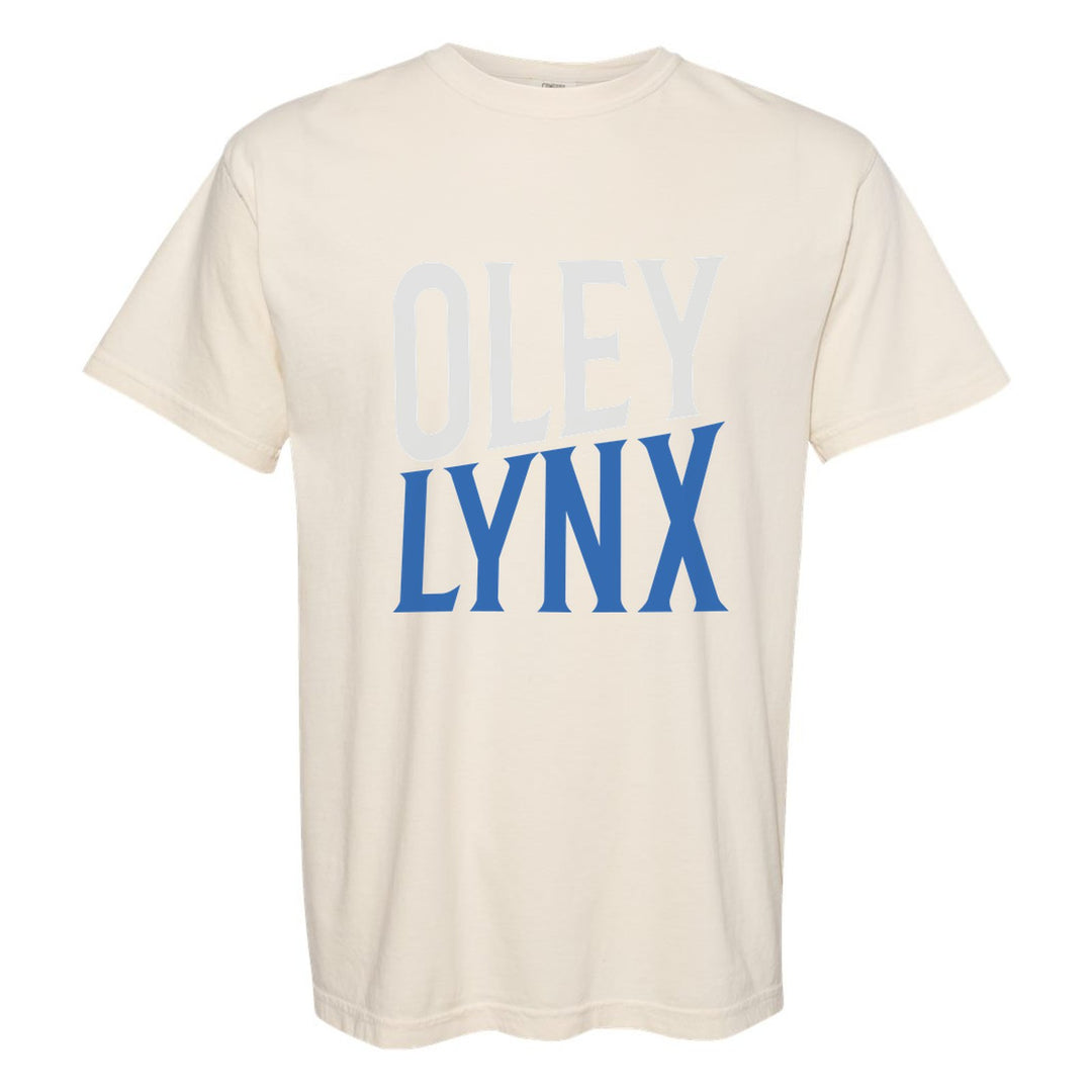 Oley Valley Lynx Block Stack comfort colors t-shirt in Ivory: tall OLEY stacked over LYNX in condensed block letters