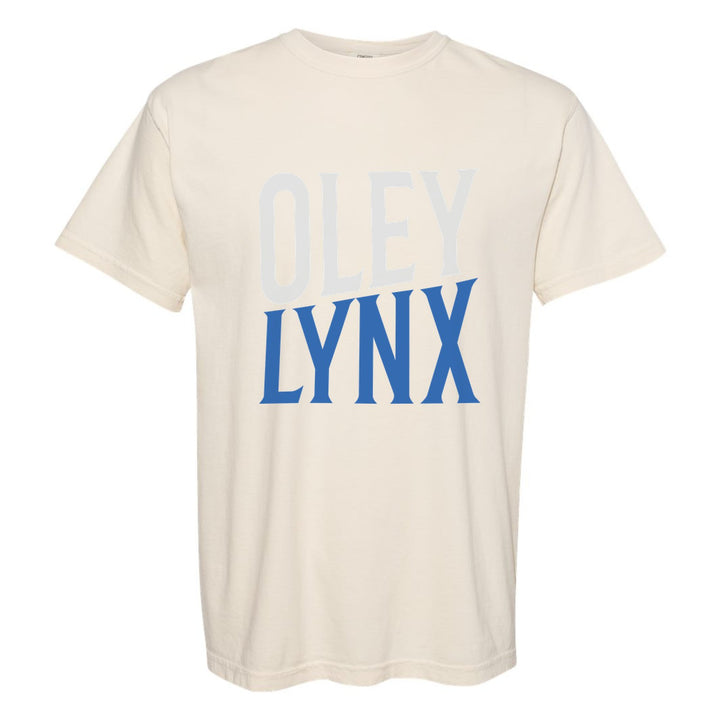 Oley Valley Lynx Block Stack comfort colors t-shirt in Ivory: tall OLEY stacked over LYNX in condensed block letters