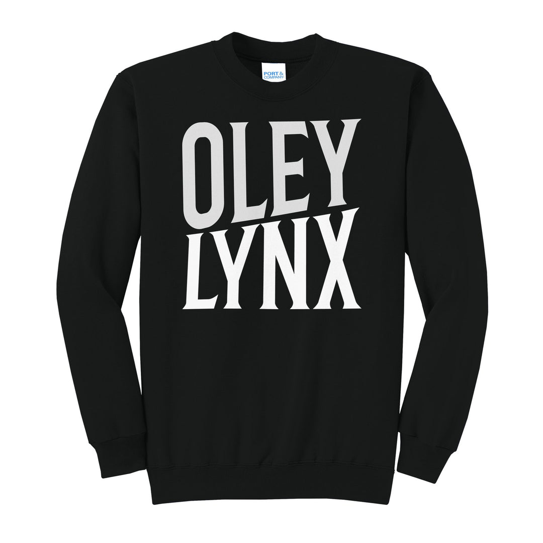 Oley Valley Lynx Block Stack crewneck sweatshirt in Jet Black: tall OLEY stacked over LYNX in condensed block letters