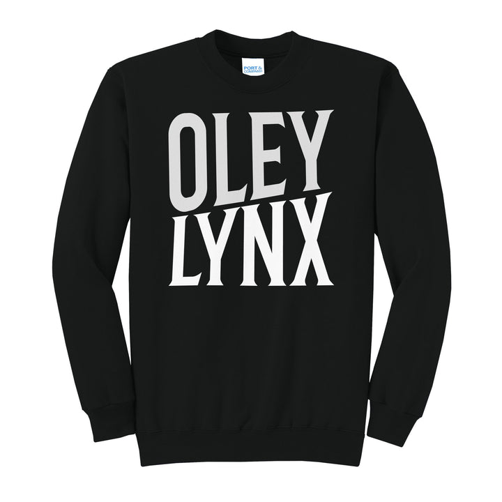 Oley Valley Lynx Block Stack crewneck sweatshirt in Jet Black: tall OLEY stacked over LYNX in condensed block letters