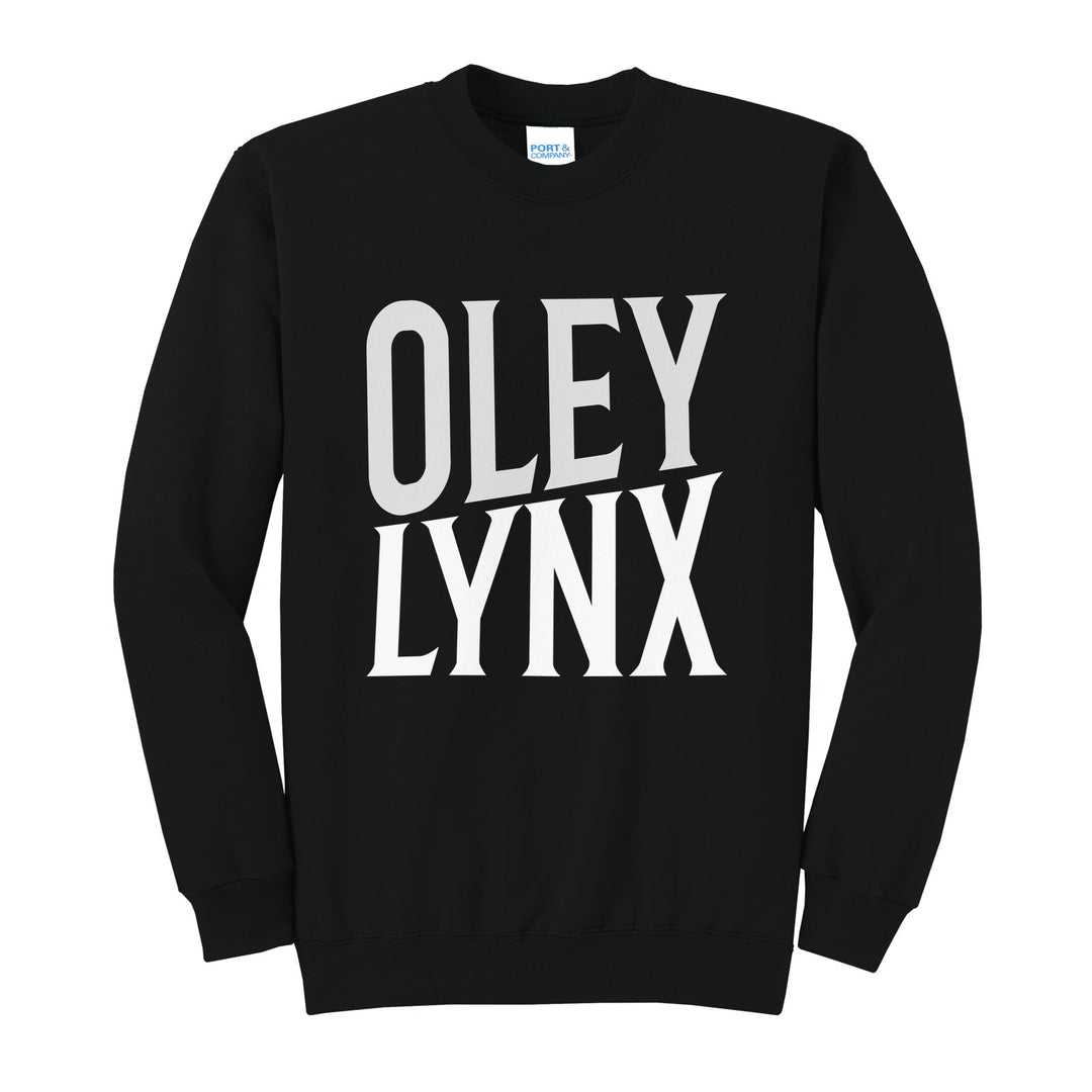 Oley Valley Lynx Block Stack crewneck sweatshirt in Jet Black: tall OLEY stacked over LYNX in condensed block letters