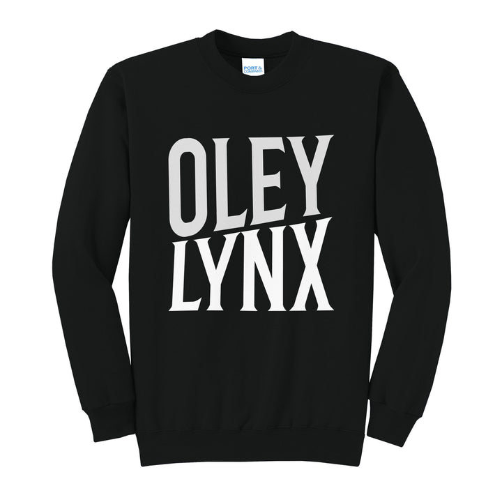 Oley Valley Lynx Block Stack crewneck sweatshirt in Jet Black: tall OLEY stacked over LYNX in condensed block letters