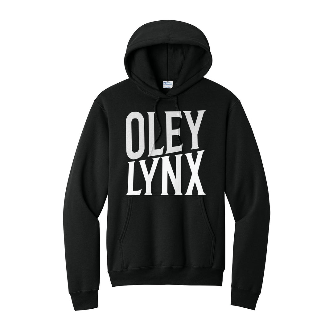 Oley Valley Lynx Block Stack hoodie in Jet Black: tall OLEY stacked over LYNX in condensed block letters