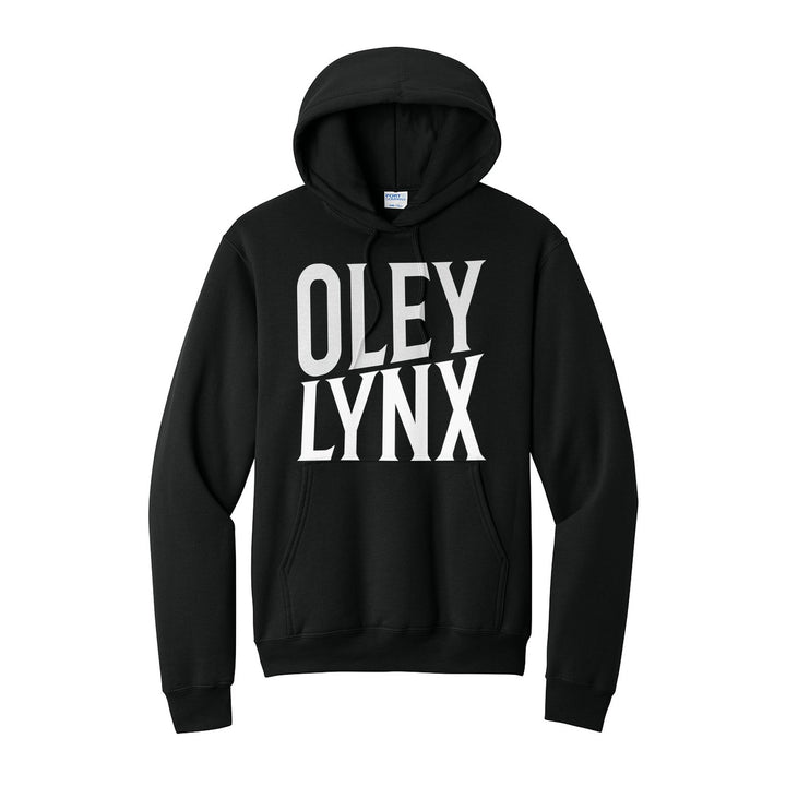 Oley Valley Lynx Block Stack hoodie in Jet Black: tall OLEY stacked over LYNX in condensed block letters