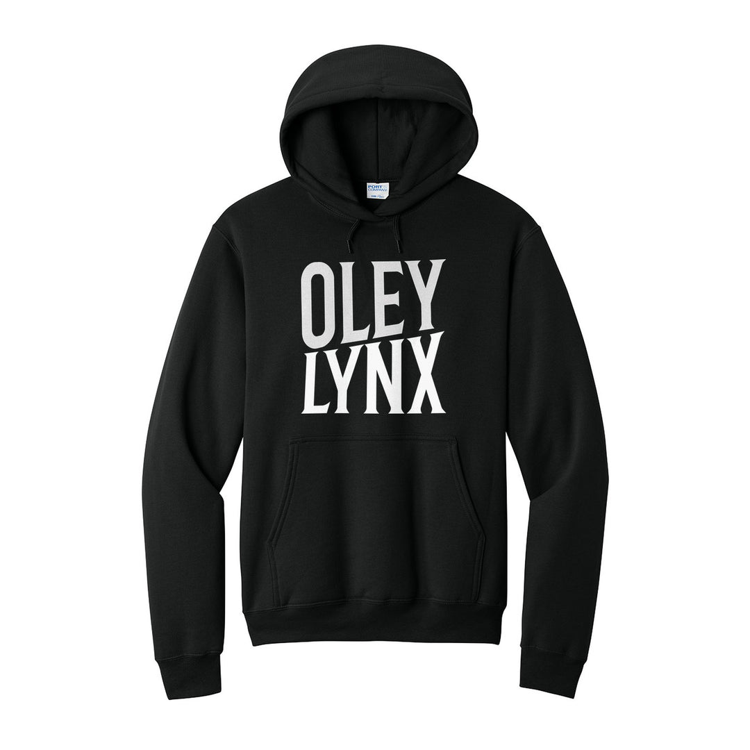 Oley Valley Lynx Block Stack hoodie in Jet Black: tall OLEY stacked over LYNX in condensed block letters