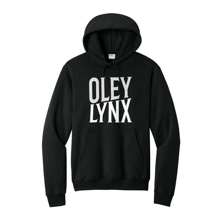 Oley Valley Lynx Block Stack hoodie in Jet Black: tall OLEY stacked over LYNX in condensed block letters