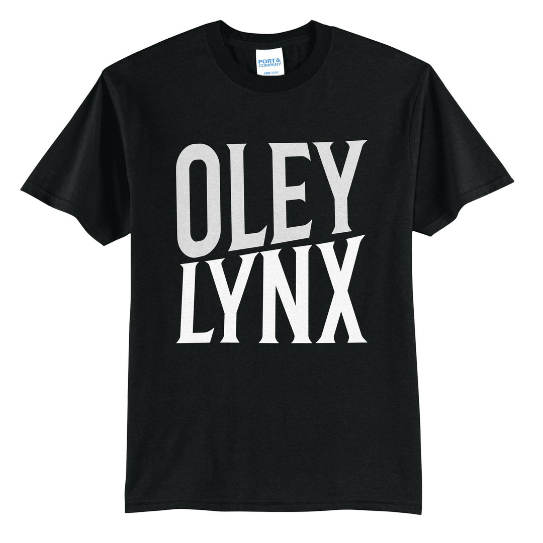 Oley Valley Lynx Block Stack t-shirt in Jet Black: tall OLEY stacked over LYNX in condensed block letters