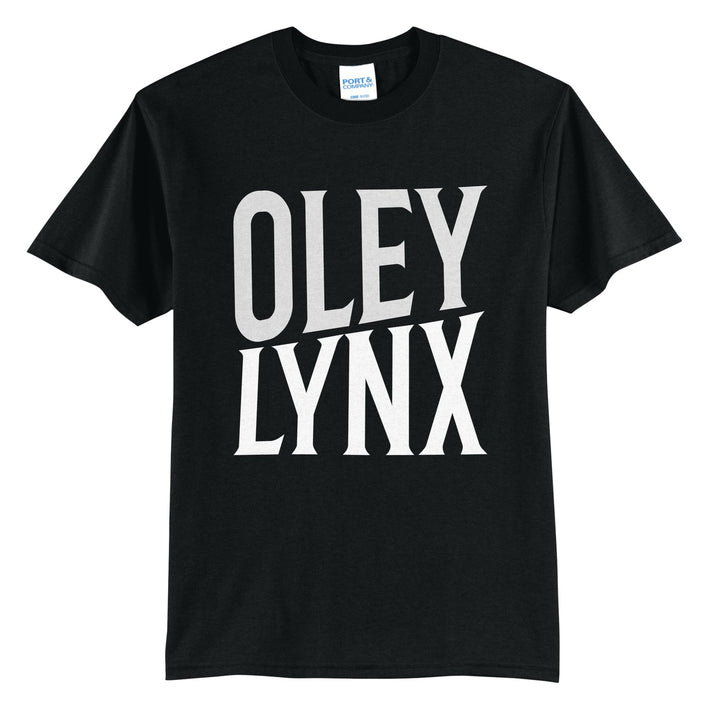 Oley Valley Lynx Block Stack t-shirt in Jet Black: tall OLEY stacked over LYNX in condensed block letters