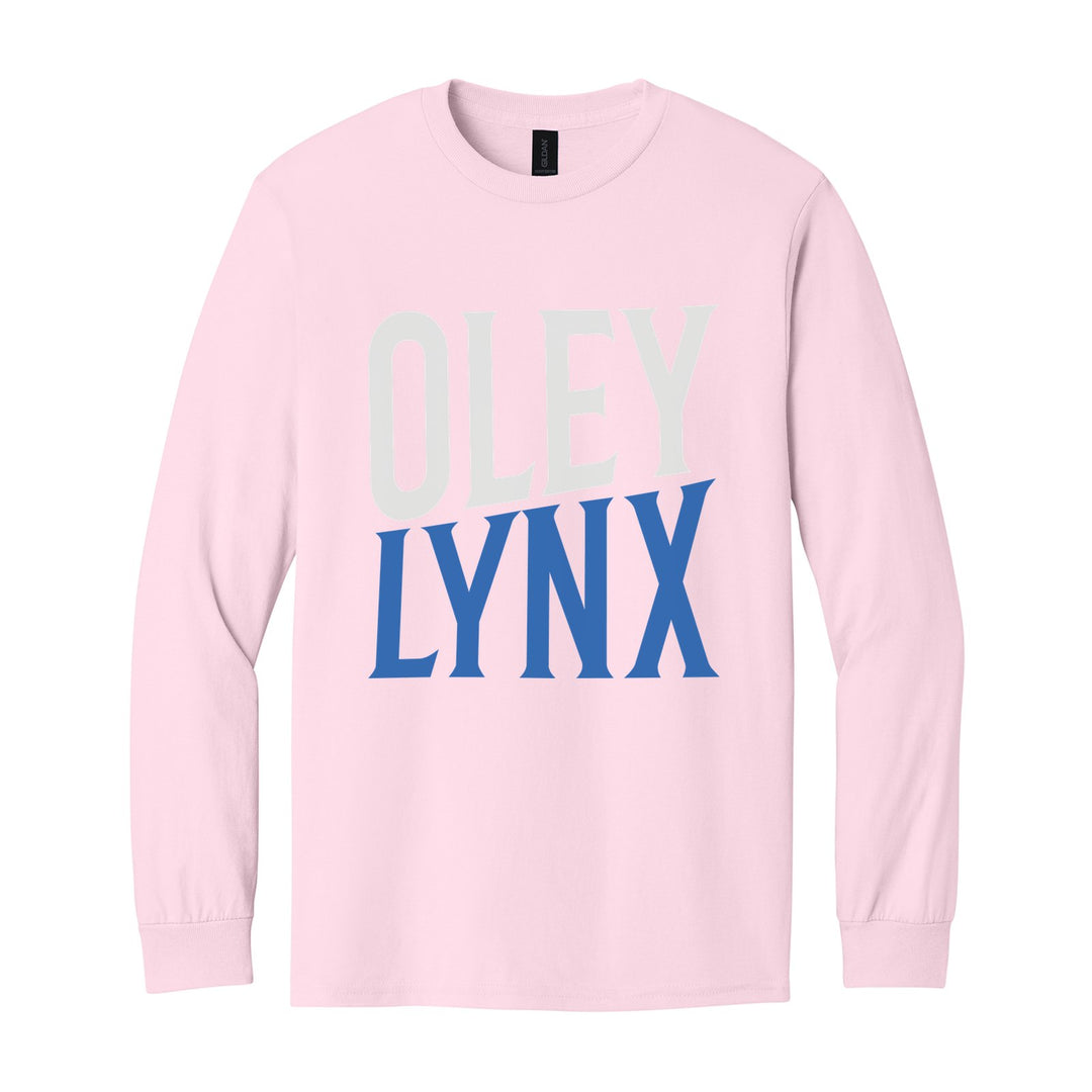 Oley Valley Lynx Block Stack long sleeve t-shirt in Light Pink: tall OLEY stacked over LYNX in condensed block letters