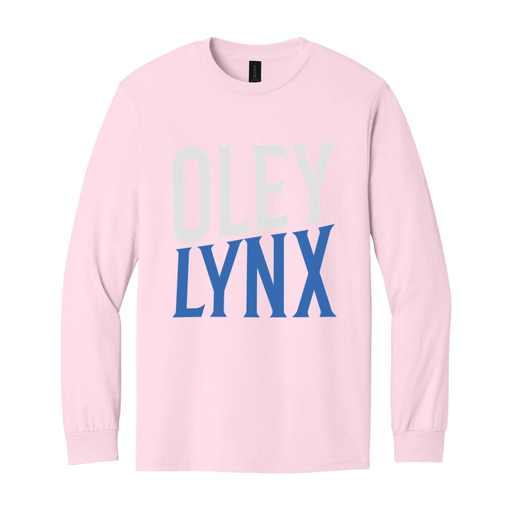 Oley Valley Lynx Block Stack long sleeve t-shirt in Light Pink: tall OLEY stacked over LYNX in condensed block letters