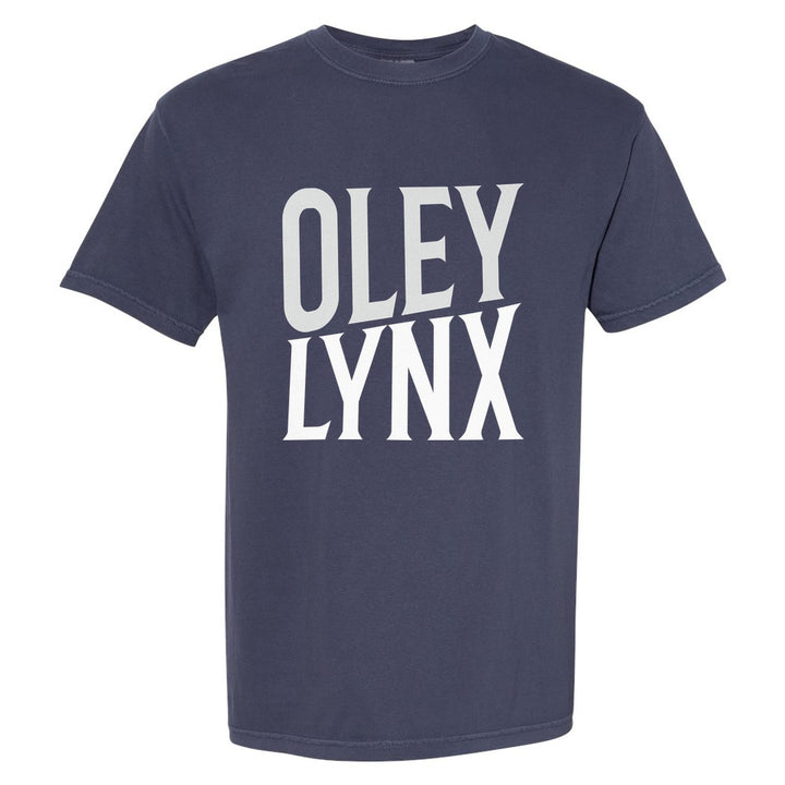 Oley Valley Lynx Block Stack comfort colors t-shirt in Navy: tall OLEY stacked over LYNX in condensed block letters