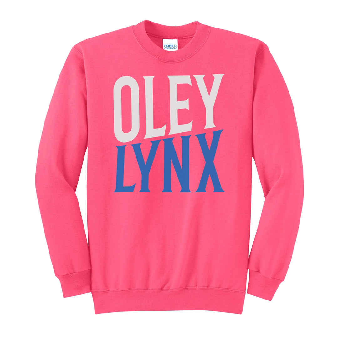 Oley Valley Lynx Block Stack crewneck sweatshirt in Neon Pink: tall OLEY stacked over LYNX in condensed block letters