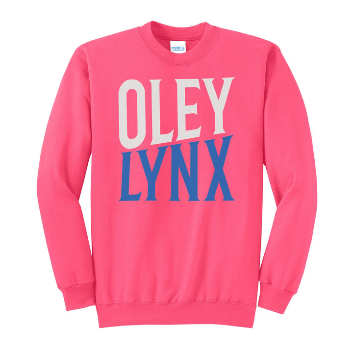 Oley Valley Lynx Block Stack crewneck sweatshirt in Neon Pink: tall OLEY stacked over LYNX in condensed block letters