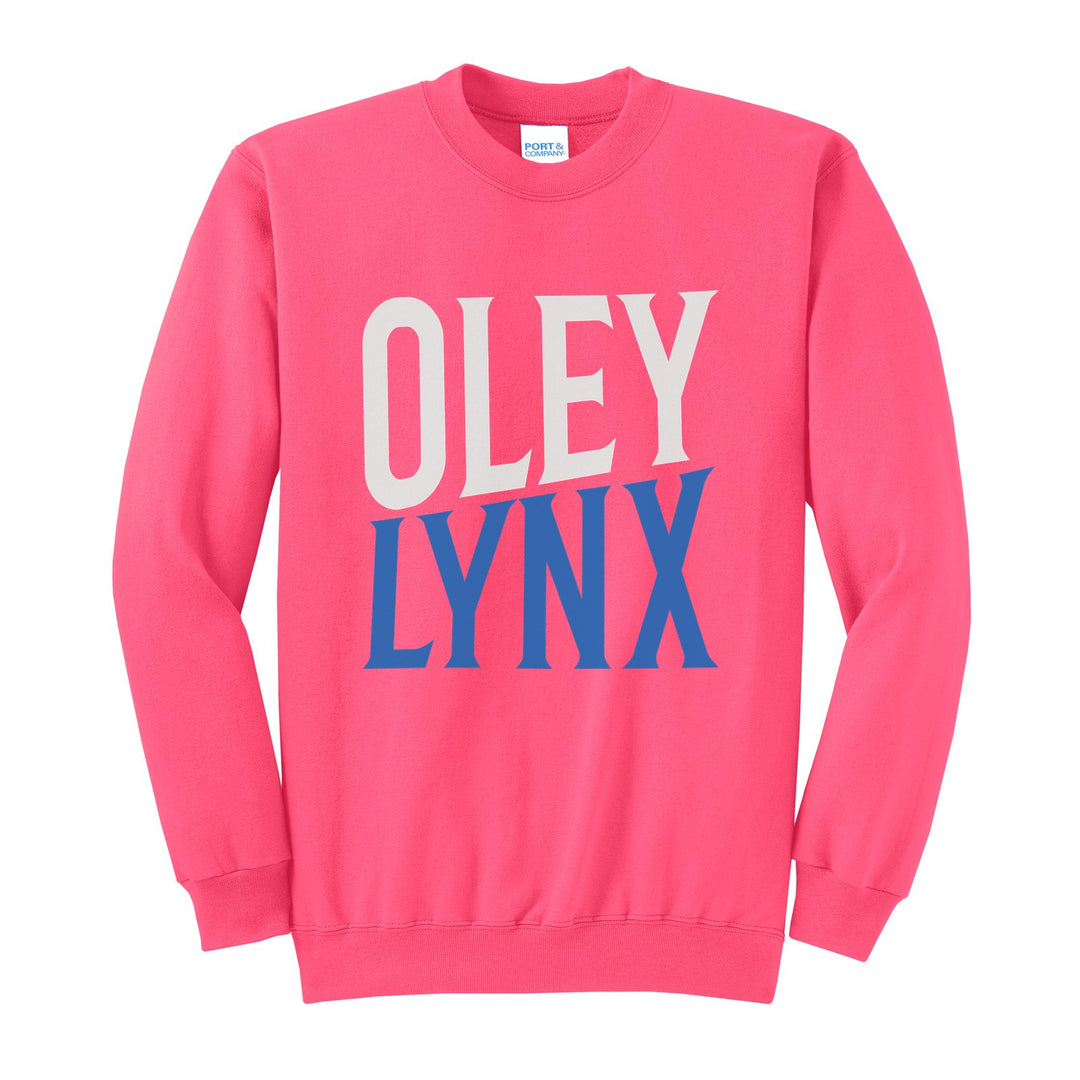 Oley Valley Lynx Block Stack crewneck sweatshirt in Neon Pink: tall OLEY stacked over LYNX in condensed block letters
