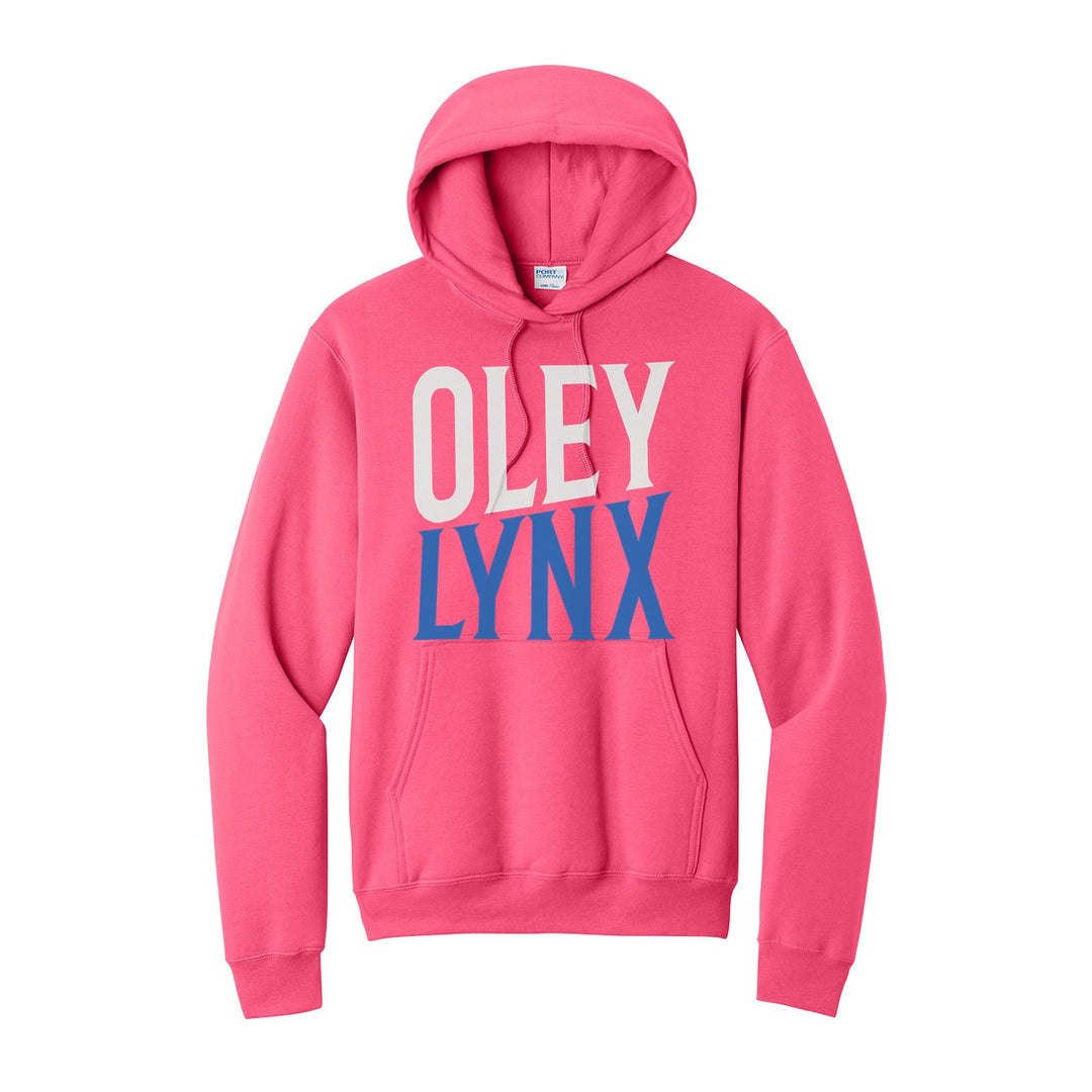 Oley Valley Lynx Block Stack hoodie in Neon Pink: tall OLEY stacked over LYNX in condensed block letters