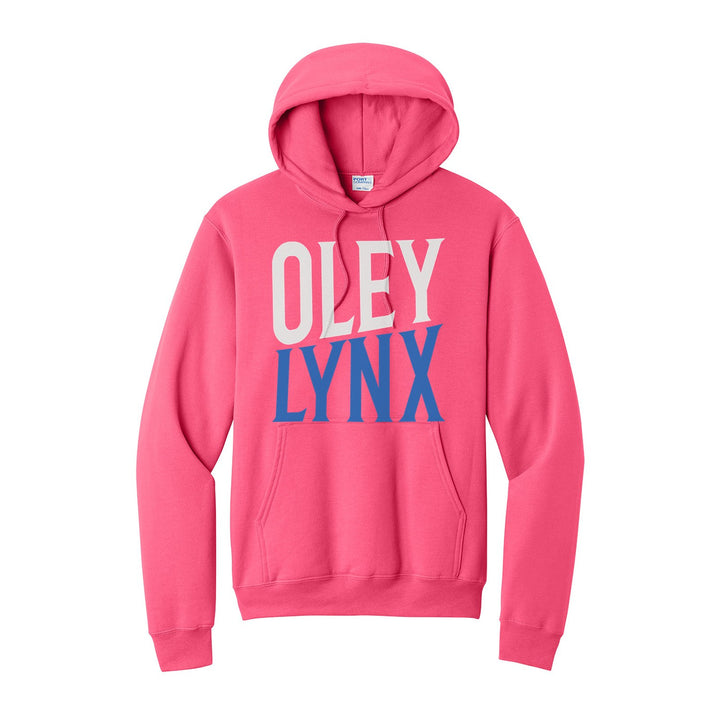 Oley Valley Lynx Block Stack hoodie in Neon Pink: tall OLEY stacked over LYNX in condensed block letters