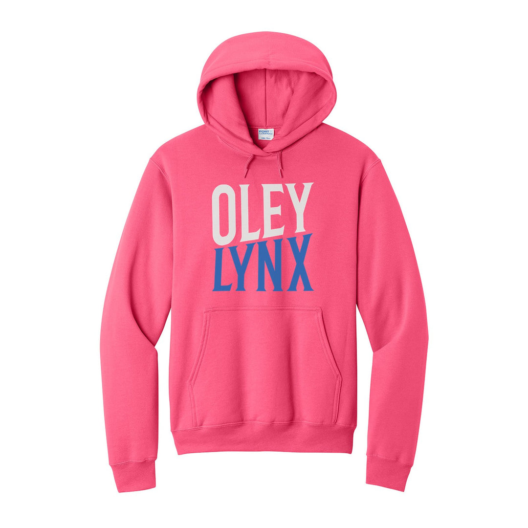 Oley Valley Lynx Block Stack hoodie in Neon Pink: tall OLEY stacked over LYNX in condensed block letters