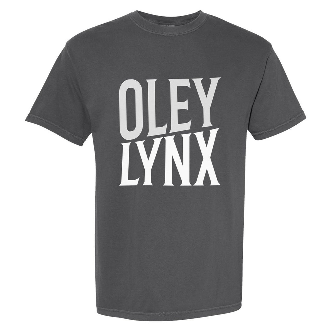 Oley Valley Lynx Block Stack comfort colors t-shirt in Pepper: tall OLEY stacked over LYNX in condensed block letters