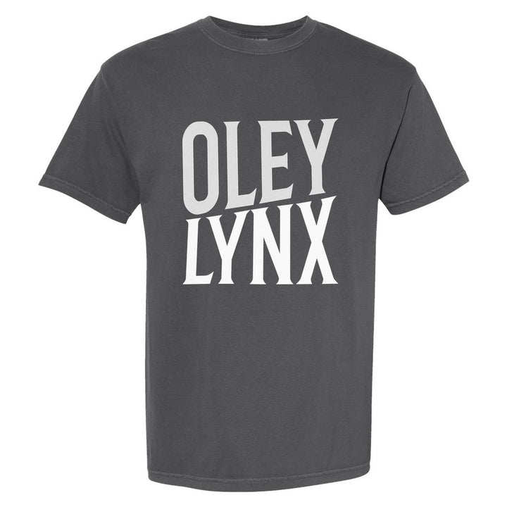 Oley Valley Lynx Block Stack comfort colors t-shirt in Pepper: tall OLEY stacked over LYNX in condensed block letters