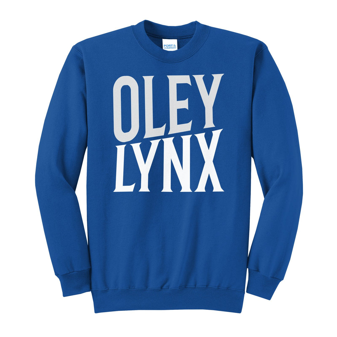 Oley Valley Lynx Block Stack crewneck sweatshirt in Royal: tall OLEY stacked over LYNX in condensed block letters