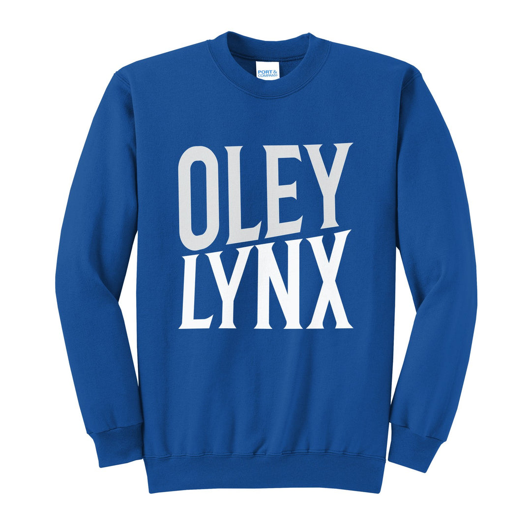 Oley Valley Lynx Block Stack crewneck sweatshirt in Royal: tall OLEY stacked over LYNX in condensed block letters