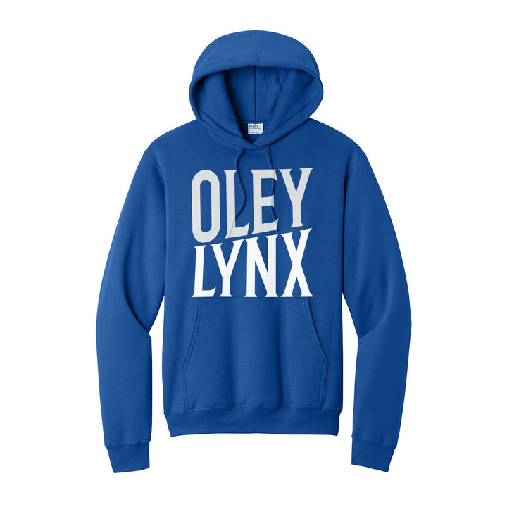 Oley Valley Lynx Block Stack hoodie in Royal: tall OLEY stacked over LYNX in condensed block letters