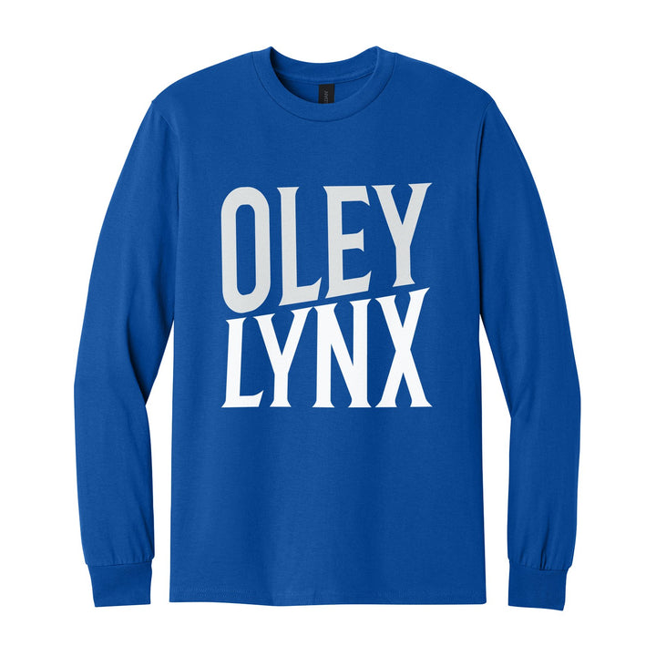 Oley Valley Lynx Block Stack long sleeve t-shirt in Royal: tall OLEY stacked over LYNX in condensed block letters