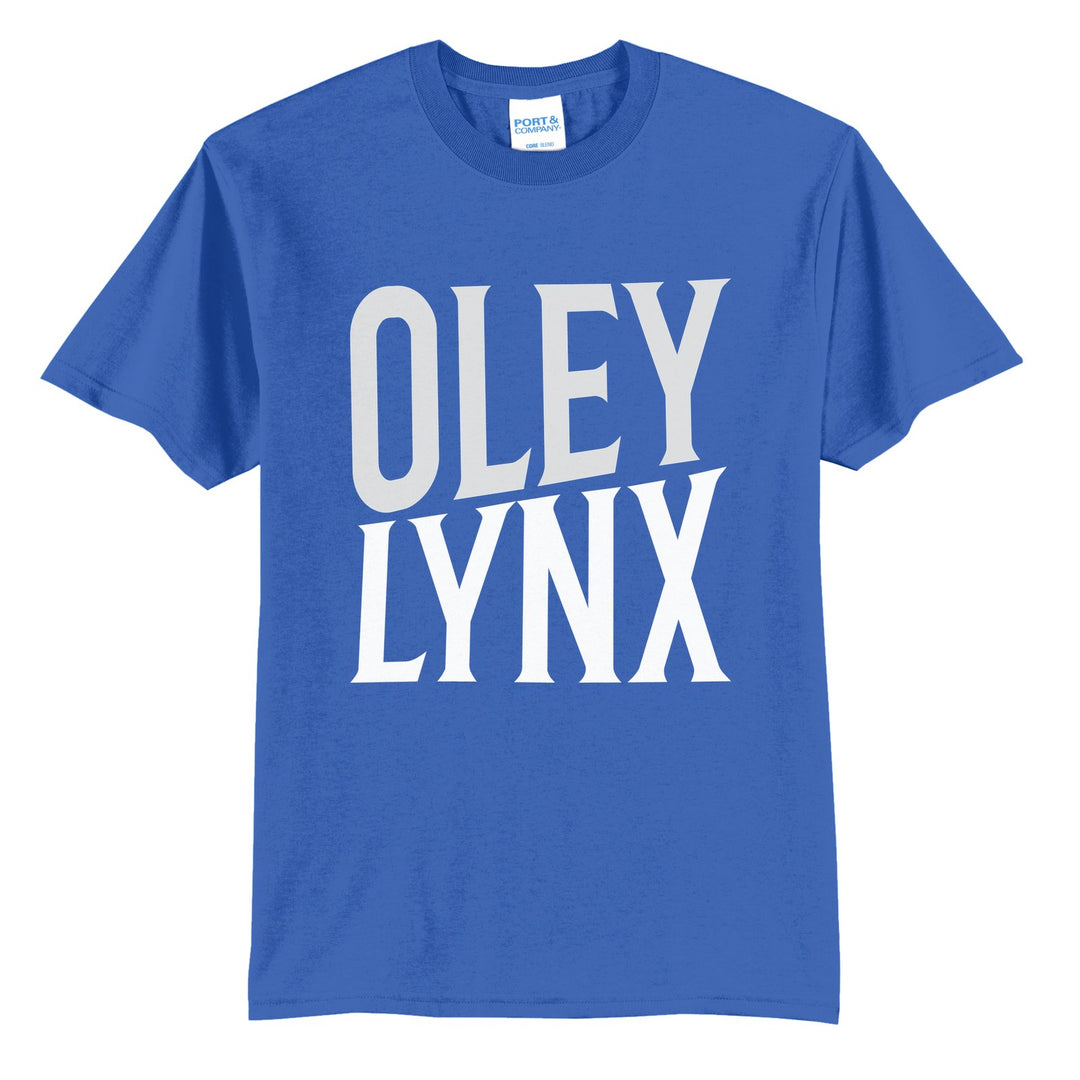 Oley Valley Lynx Block Stack t-shirt in Royal: tall OLEY stacked over LYNX in condensed block letters