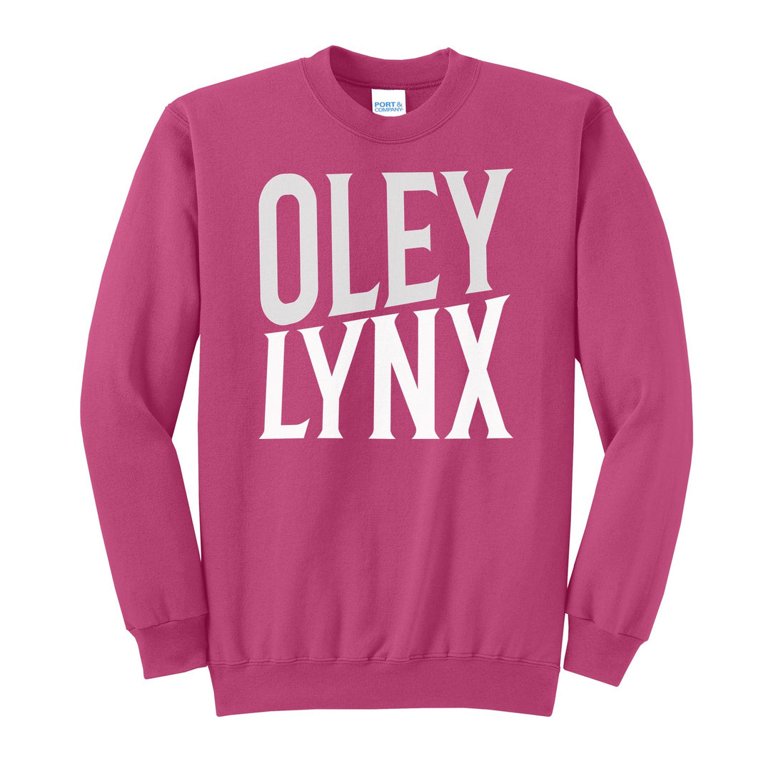Oley Valley Lynx Block Stack crewneck sweatshirt in Sangria: tall OLEY stacked over LYNX in condensed block letters