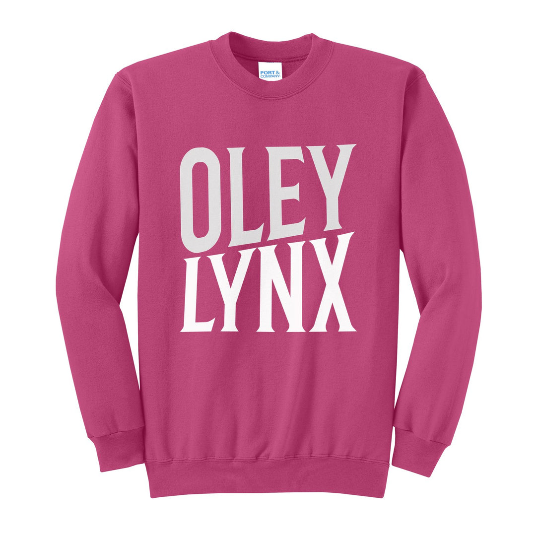 Oley Valley Lynx Block Stack crewneck sweatshirt in Sangria: tall OLEY stacked over LYNX in condensed block letters