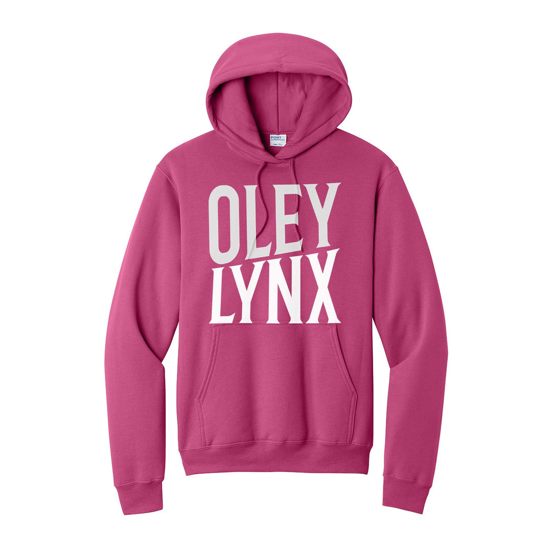 Oley Valley Lynx Block Stack hoodie in Sangria: tall OLEY stacked over LYNX in condensed block letters