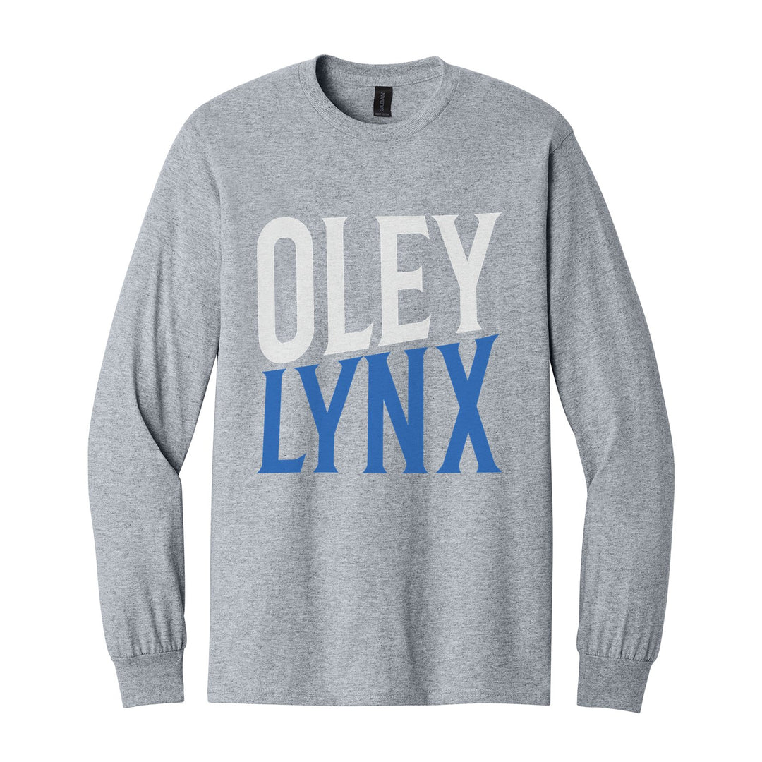 Oley Valley Lynx Block Stack long sleeve t-shirt in Sport Grey: tall OLEY stacked over LYNX in condensed block letters