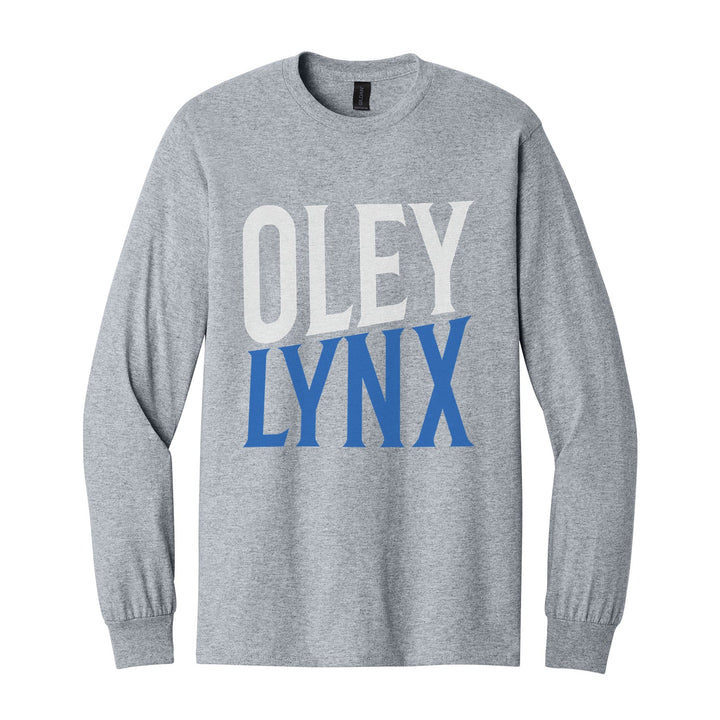 Oley Valley Lynx Block Stack long sleeve t-shirt in Sport Grey: tall OLEY stacked over LYNX in condensed block letters