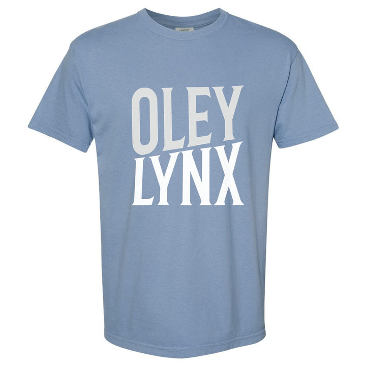 Oley Valley Lynx Block Stack comfort colors t-shirt in Washed Denim: tall OLEY stacked over LYNX in condensed block letters