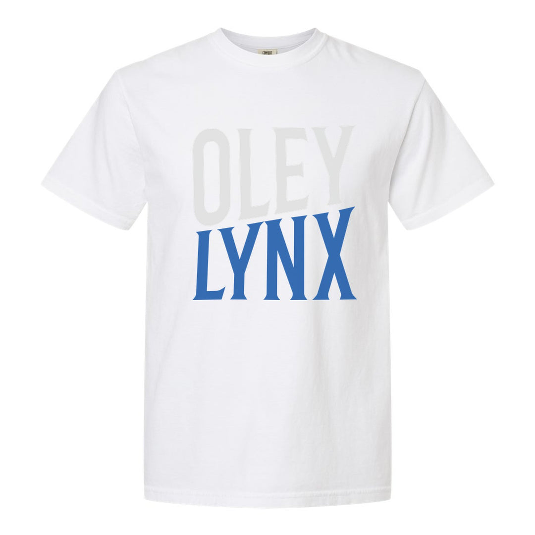 Oley Valley Lynx Block Stack comfort colors t-shirt in White: tall OLEY stacked over LYNX in condensed block letters