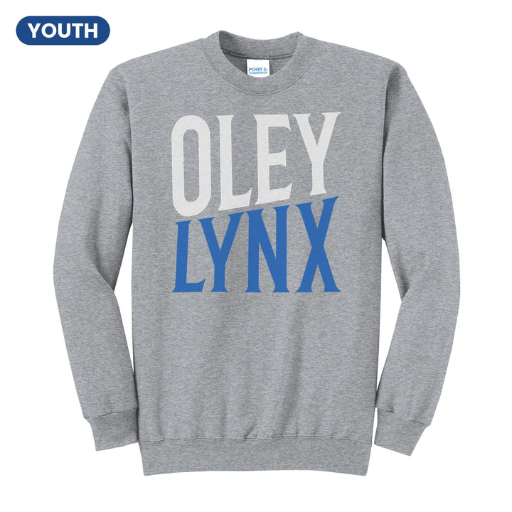 Oley Valley Lynx Block Stack youth crewneck sweatshirt in Athletic Heather: tall OLEY stacked over LYNX in condensed block letters