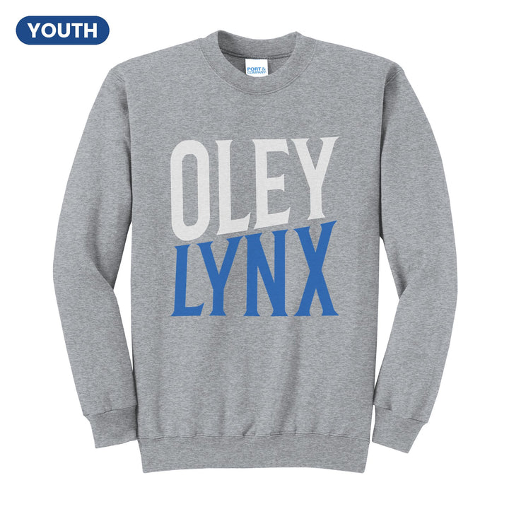 Oley Valley Lynx Block Stack youth crewneck sweatshirt in Athletic Heather: tall OLEY stacked over LYNX in condensed block letters