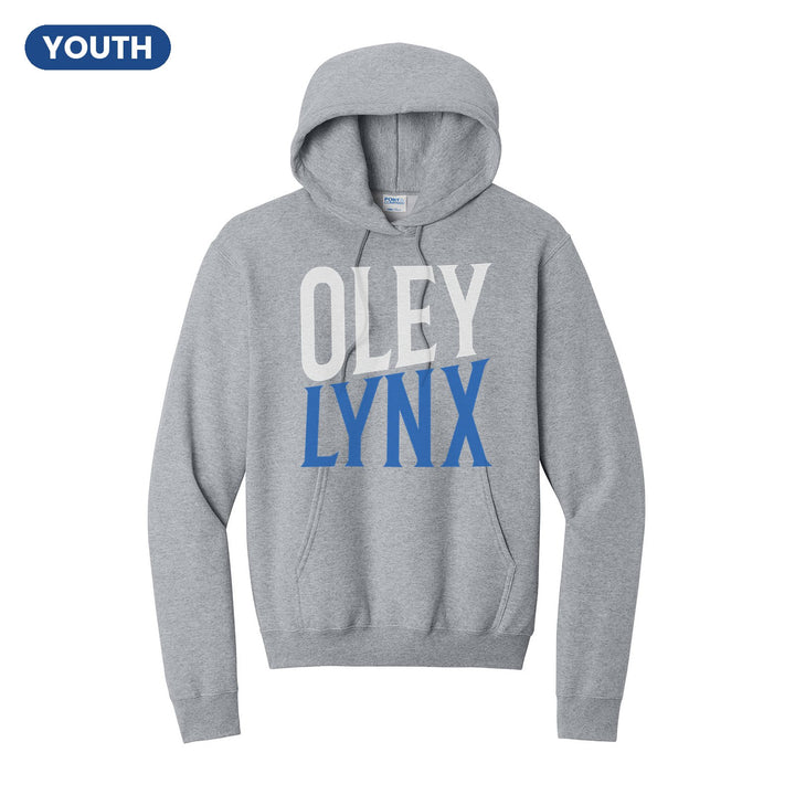 Oley Valley Lynx Block Stack youth hoodie in Athletic Heather: tall OLEY stacked over LYNX in condensed block letters
