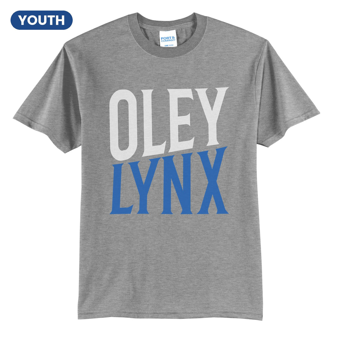 Oley Valley Lynx Block Stack youth t-shirt in Athletic Heather: tall OLEY stacked over LYNX in condensed block letters