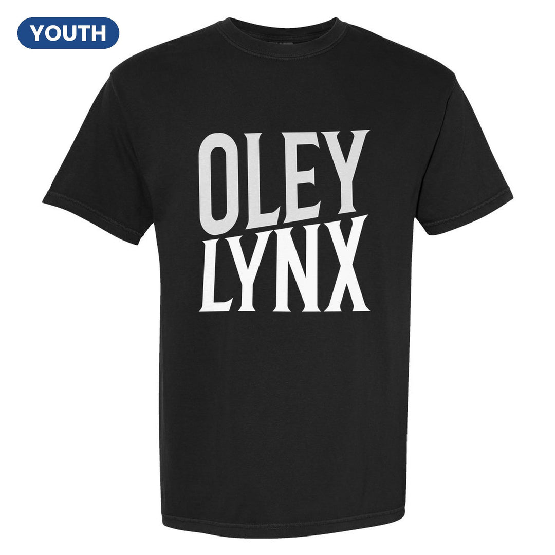 Oley Valley Lynx Block Stack youth comfort colors t-shirt in Black: tall OLEY stacked over LYNX in condensed block letters