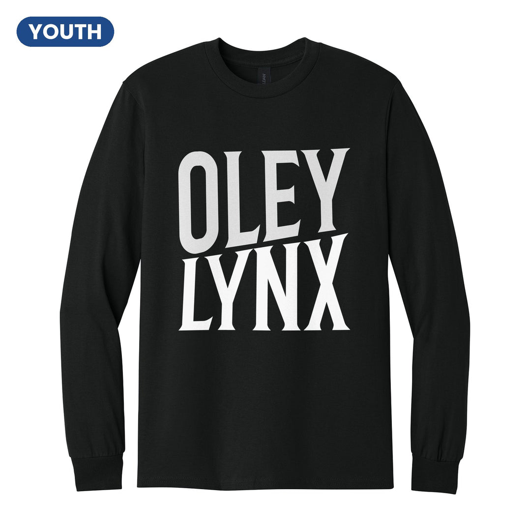 Oley Valley Lynx Block Stack youth long sleeve t-shirt in Black: tall OLEY stacked over LYNX in condensed block letters