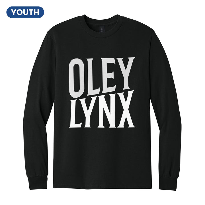 Oley Valley Lynx Block Stack youth long sleeve t-shirt in Black: tall OLEY stacked over LYNX in condensed block letters
