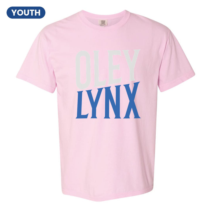 Oley Valley Lynx Block Stack youth comfort colors t-shirt in Blossom: tall OLEY stacked over LYNX in condensed block letters