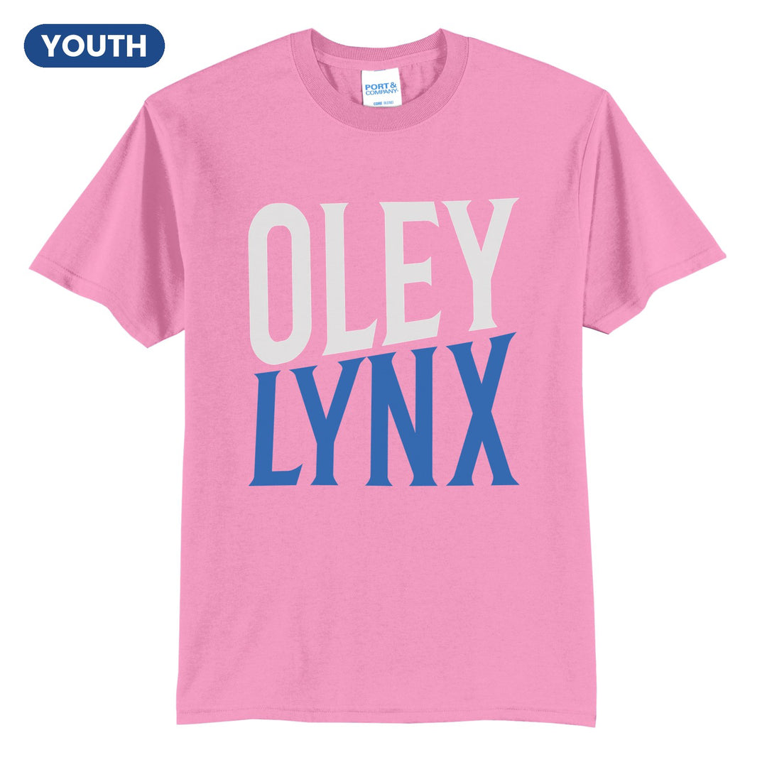 Oley Valley Lynx Block Stack youth t-shirt in Candy Pink: tall OLEY stacked over LYNX in condensed block letters