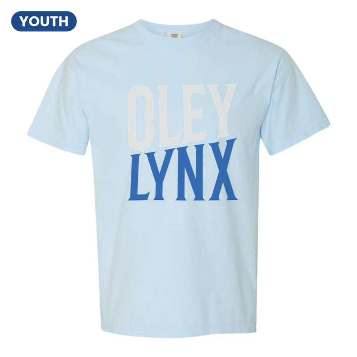 Oley Valley Lynx Block Stack youth comfort colors t-shirt in Chambray: tall OLEY stacked over LYNX in condensed block letters