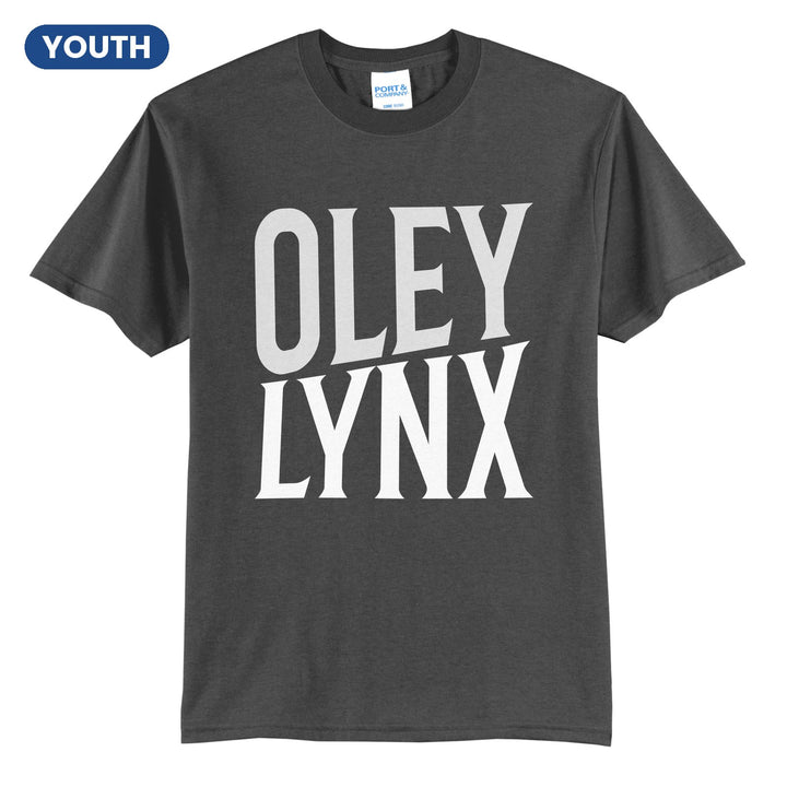Oley Valley Lynx Block Stack youth t-shirt in Charcoal: tall OLEY stacked over LYNX in condensed block letters