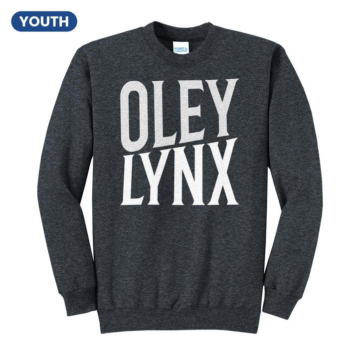 Oley Valley Lynx Block Stack youth crewneck sweatshirt in Dark Heather Grey: tall OLEY stacked over LYNX in condensed block letters